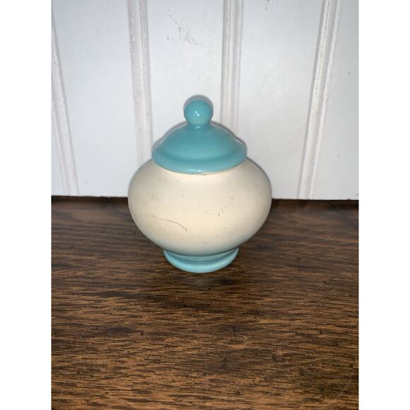 Vintage Small 3” Pottery Lidded Fragrance Jar - Turquoise Blue w/ Pink Florals - Picture 2 of 4
